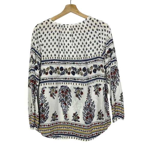 Old Navy White & Blue Paisley Split Neck Boho Long Sleeve Top S - Picture 2 of 4